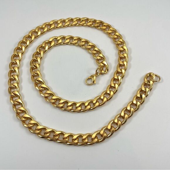 Yellow Gold Tone Chain Link Statement Necklace Weighted Lobster Clasp Cuban - Picture 1 of 6